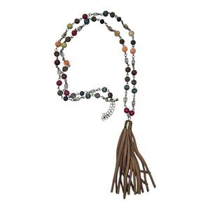 Mudd Gold Tone Long Necklace Beaded with Leather Tassel